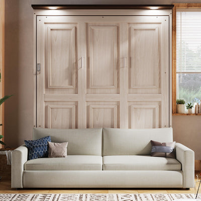 KLMM Queen Size Murphy Bed Wall Bed with Upholstered Sofa and LED Light,for Apartments Studio Bedroom Use (Beige/Sofa, Queen)