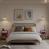 JOONEE Modern Nightstand with Charging Station and LED Lights, White Bedside Table with Drawer, Fluted Side Table for Living Room, Bedroom JOONEE