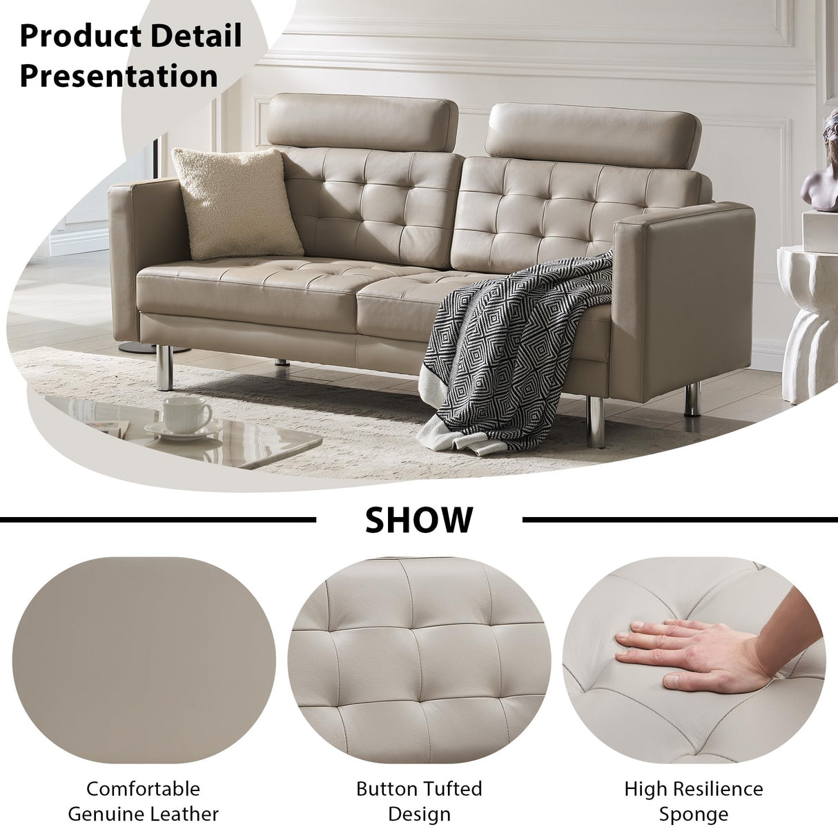 RXRRXY 72'' Top-Grain Loveseat Leather Sofa Couch, Modern Genuine Leather Love Seat Sofa Couch with Sofa Pillows and Classic Button Tufted Design for Living Room, Bedroom, Apartment (Beige) RXRRXY