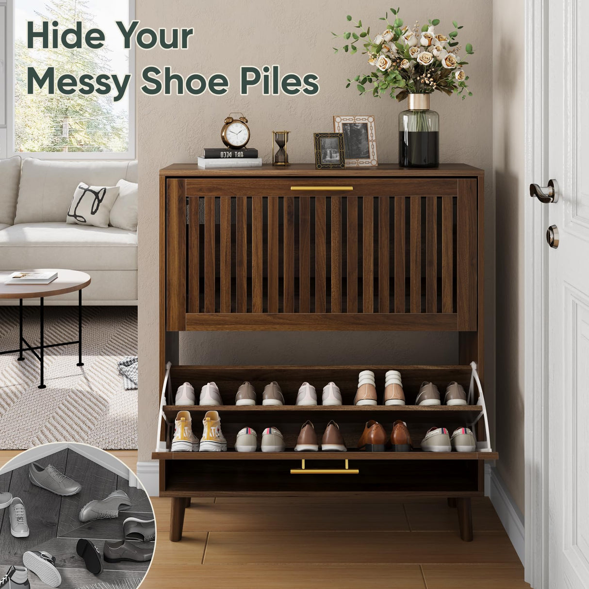 Smart FENDEE Shoe Cabinet with 2 Flip Louvered Drawers, Wooden Shoe Storage Cabinet with Gold Handle, Mid-Century Modern Freestanding Shoe Organizer Cabinet for Entryway, Hallway, Walnut, 31.5" W Smart FENDEE