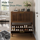 Smart FENDEE Shoe Cabinet with 2 Flip Louvered Drawers, Wooden Shoe Storage Cabinet with Gold Handle, Mid-Century Modern Freestanding Shoe Organizer Cabinet for Entryway, Hallway, Walnut, 31.5" W Smart FENDEE