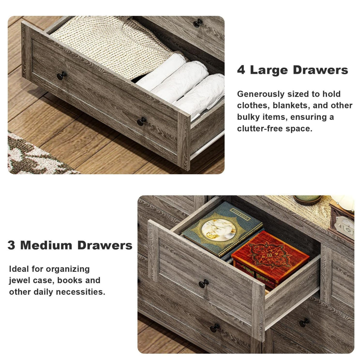GlouMod Farmhouse 7 Drawers Dresser for Bedroom，Wooden Dresser with LED Light & Power Outlet, Tall Dresser Wide Chests of Drawers, Storage Organizer for Living Roon, Entryway, Closet, Gray Dresser GlouMod