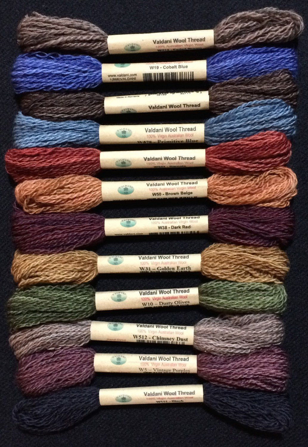 Valdani 100% Australian Virgin Wool 12 Color Thread Collection Size 8 Primitive Art Valdani
