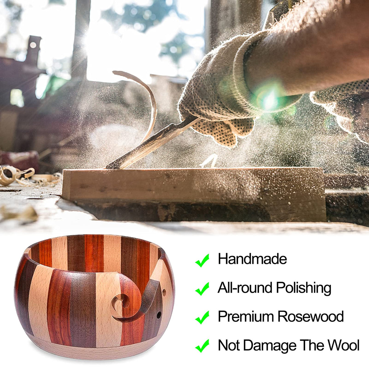 Coopay Wool Yarn Bowl Rosewood, Handmade Wooden Yarn Storage Bowl With Holes, Knitting Wool Storage Bowl Round - Ideal Knitting Crochet Accessories for Knitters Coopay