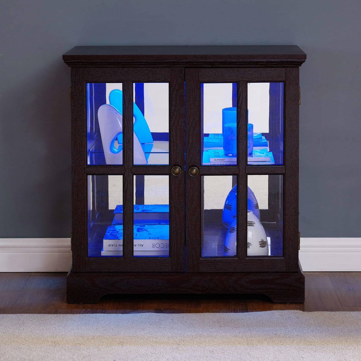 CKEASEAN 32" H LED Antique Curio Cabinet with Smartphone-Controlled, Lighted Glass Display Cabinet - Retro Lattice Door Showcase, Elegant Adjustable Shelves for Living Room (Dark Cherry) CKEASEAN