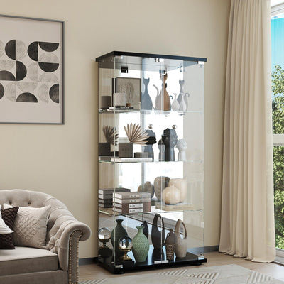 Display Cabinet with Mirror, Glass Door and Lock, 4-Shelf Fast Installation in 30Mins Curio Cabinet with 5mm Tempered Glass Floor Standing Bookshelf for Bedroom, Living Room, 65'' x32'' x14'', Black