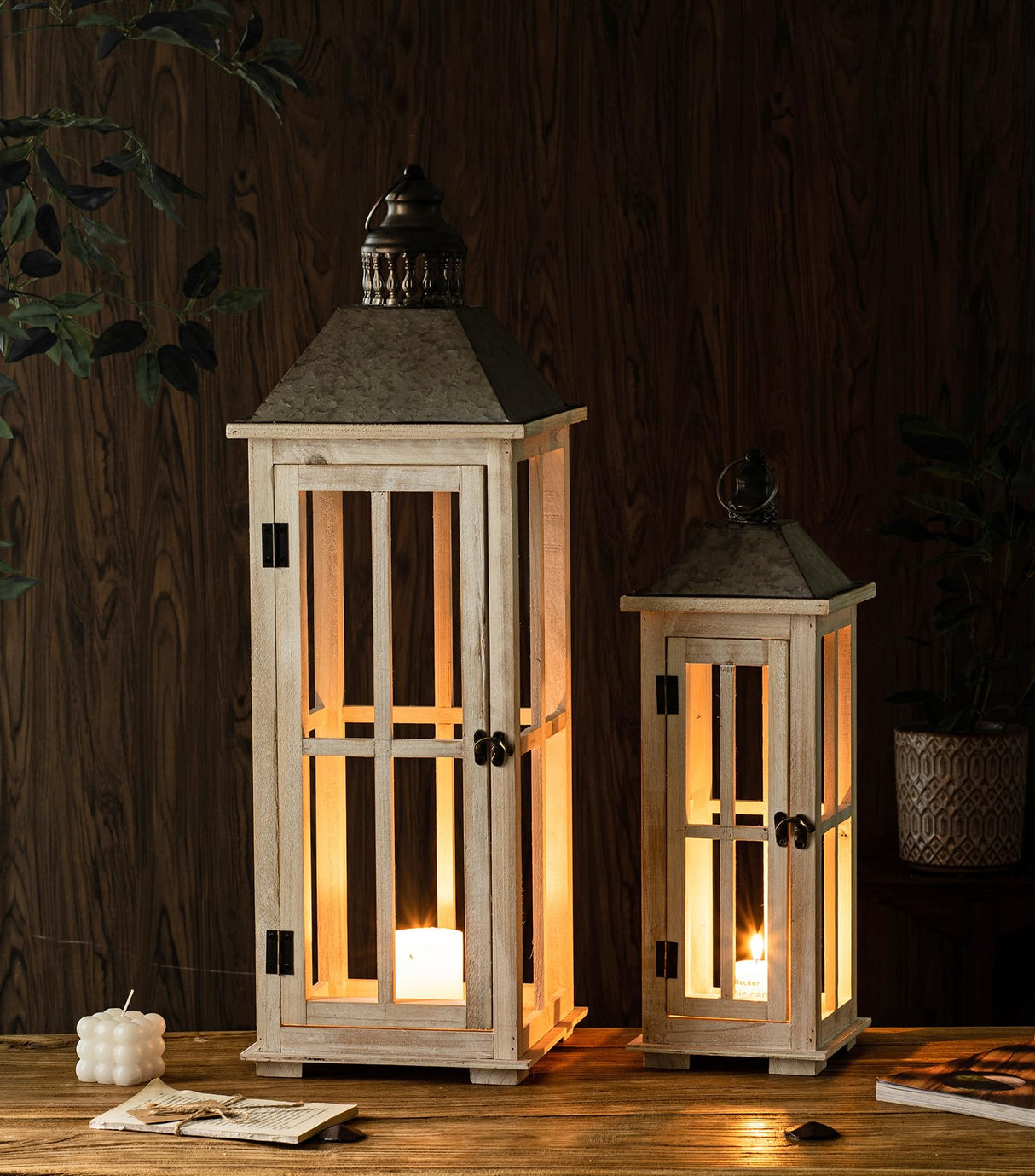 TIMRIS Large Rustic Wooden Decorative Lantern Set of 2, Modern Farmhouse Distressed Whitewash Floor Candle Lanterns, Indoor/Outdoor Hanging Lanterns for Home Decor (No Glass) TIMRIS