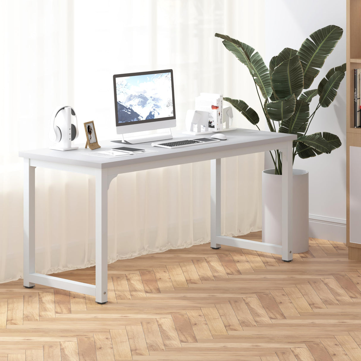 NSdirect Large Office Desk for Home Office, Large 63" Computer Desk Table, Wide Writing Study Desk for 2 Person, Metal Sturdy Frame Thicker Steel Legs, (White, 62.6" L x 22.8" W x 28.7" H) NSdirect