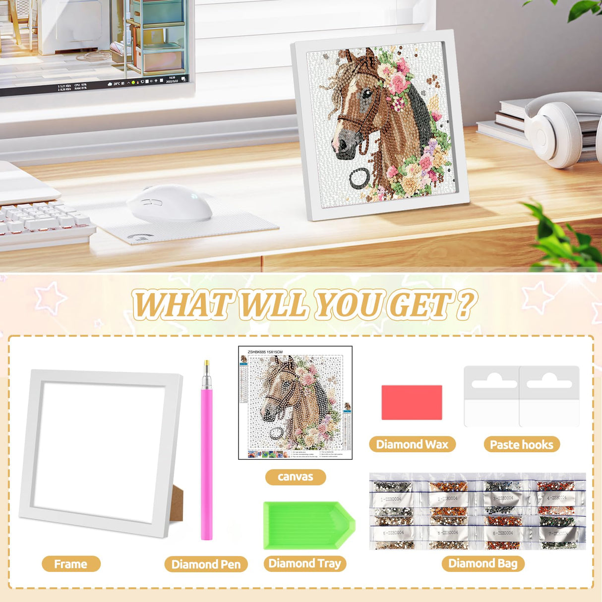 SENQAO Horse Diamond Art Kit for Adults with Frame Art and Crafts for Adults Ages 4-6-8-12 Easy to DIY Diamond Art for Adults and Adult Beginners Home Wall Decoration 7.1x7.1inch SENQAO