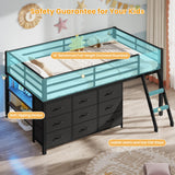 BTHFST Twin Loft Bed for Kids, Low Loft Bed Twin Size with 9 Storage Dresser, LED Lights, 2 Storage Shelves & Stairs, Metal Black Bed with Safety Guardrail for Young Teens, Space Saving, Black BTHFST