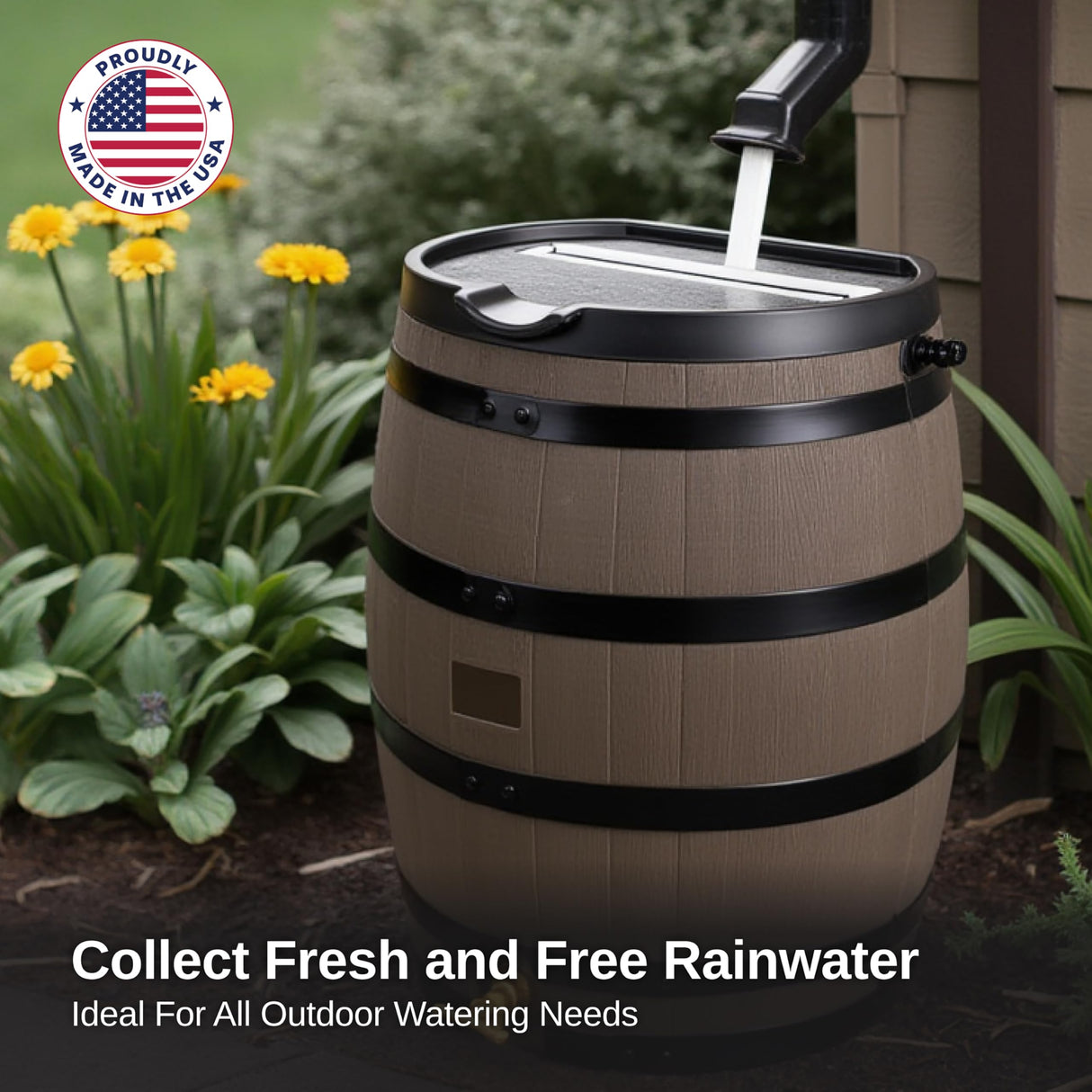 RTS Home Accents Premium 55-Gallon Rain Barrel with Removable Lid, Flat Back Rain Water Collection Barrel, Woodgrain with Black Stripes RTS Home Acents