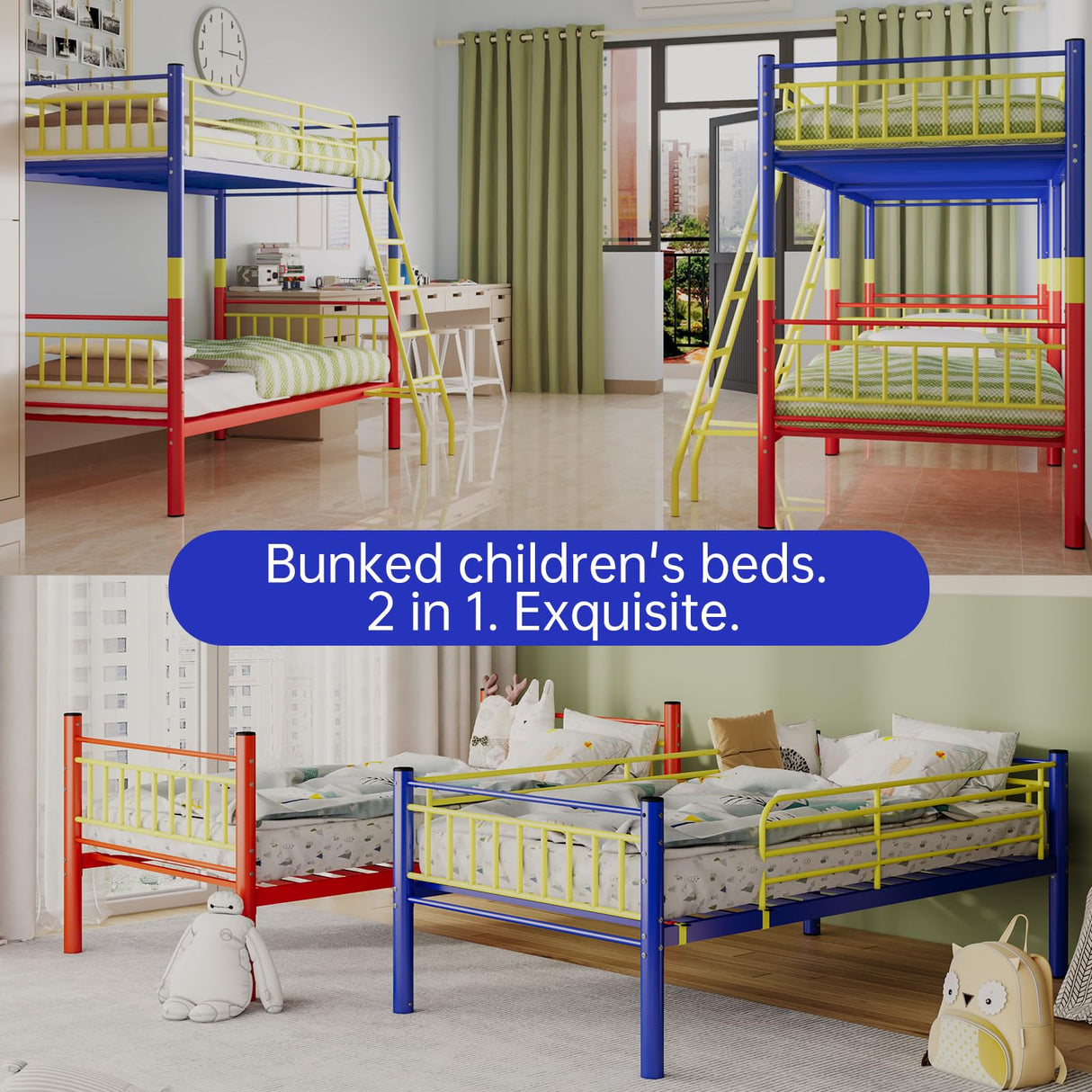 KAIFAM Bunk Bed Twin Over Twin, Metal Twin Bed Frames, Twin Over Full Bunk Bed with Safety Guardrail and Ladder, Trundle Bed Twin, No Box Spring Needed, Noise Free for Bedroom (Color) KAIFAM