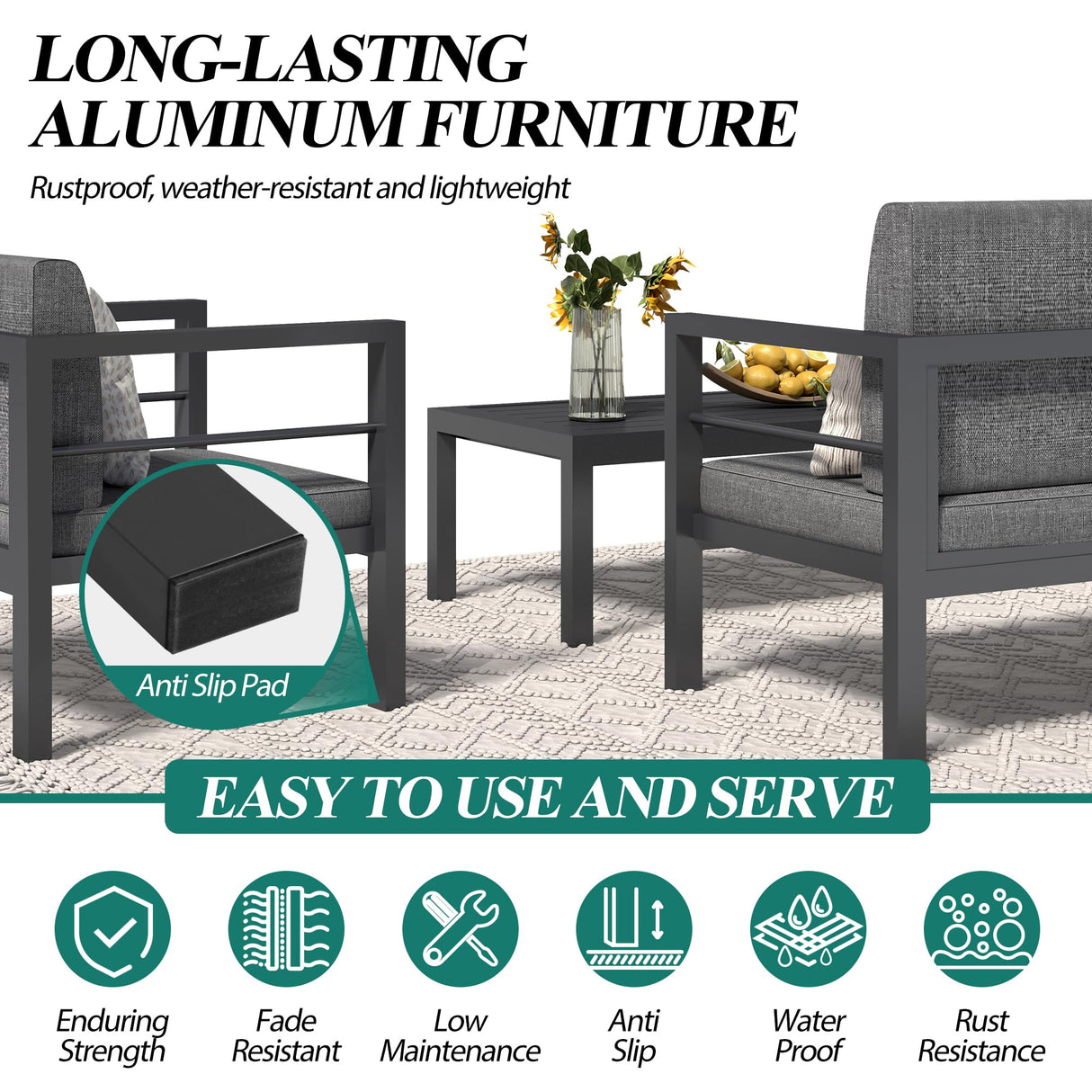 GARTOO Outdoor Aluminum Furniture Set - 5 Pieces Patio Conversation Sofa Sets with Upgraded Removable Cushion, Outside Sectional Sofas Sets with Coffee Table for Balcony, Backyard, Patio, Poolside GARTOO