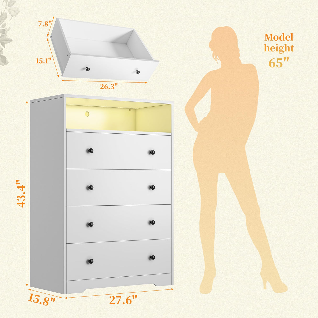 Homkdom White Dresser with LED Light, Tall Dresser with 4 Drawers & 1 Shelves, Chest of Drawers for Bedroom, Hallway, Entryway, 43.4" H x 27.6" W x15.8 D Homkdom