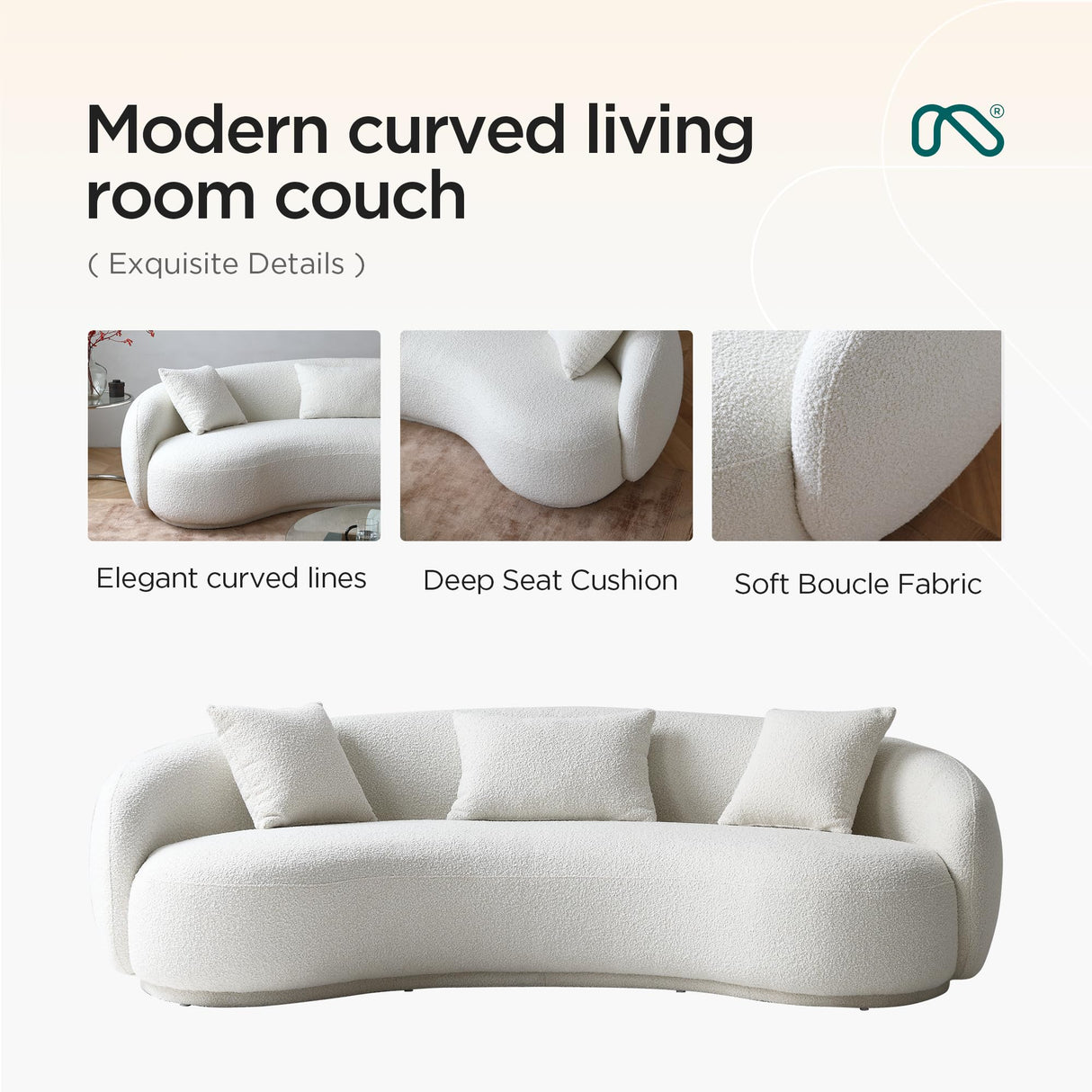 Acanva Mid Century Modern Curved Living Room Sofa, 4-Seat Boucle Fabric Couch for Bedroom, Office, Apartment, White Acanva