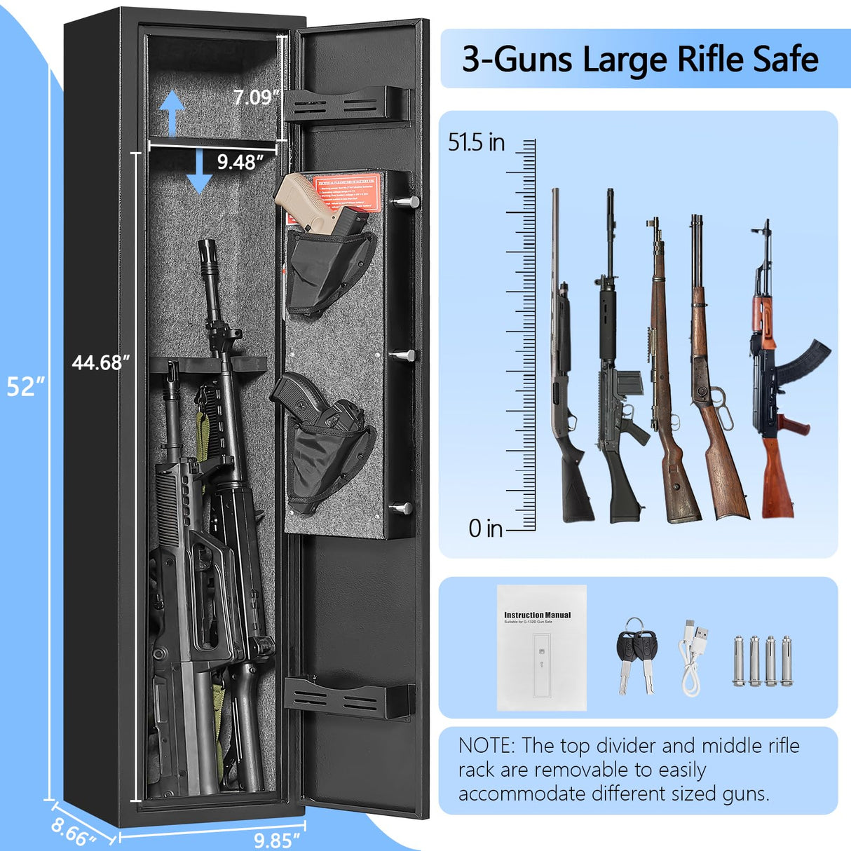 ANXINWEI Gun Safe, 2-3 Fingerprint Gun Cabinet with Anti-Theft Alarm, 180° Door Open Quick Access Biometric Rifle Safes for Home, Long Gun Safe Locker with Removable Shelf, Shotgun Safe with LED Light ANXINWEI