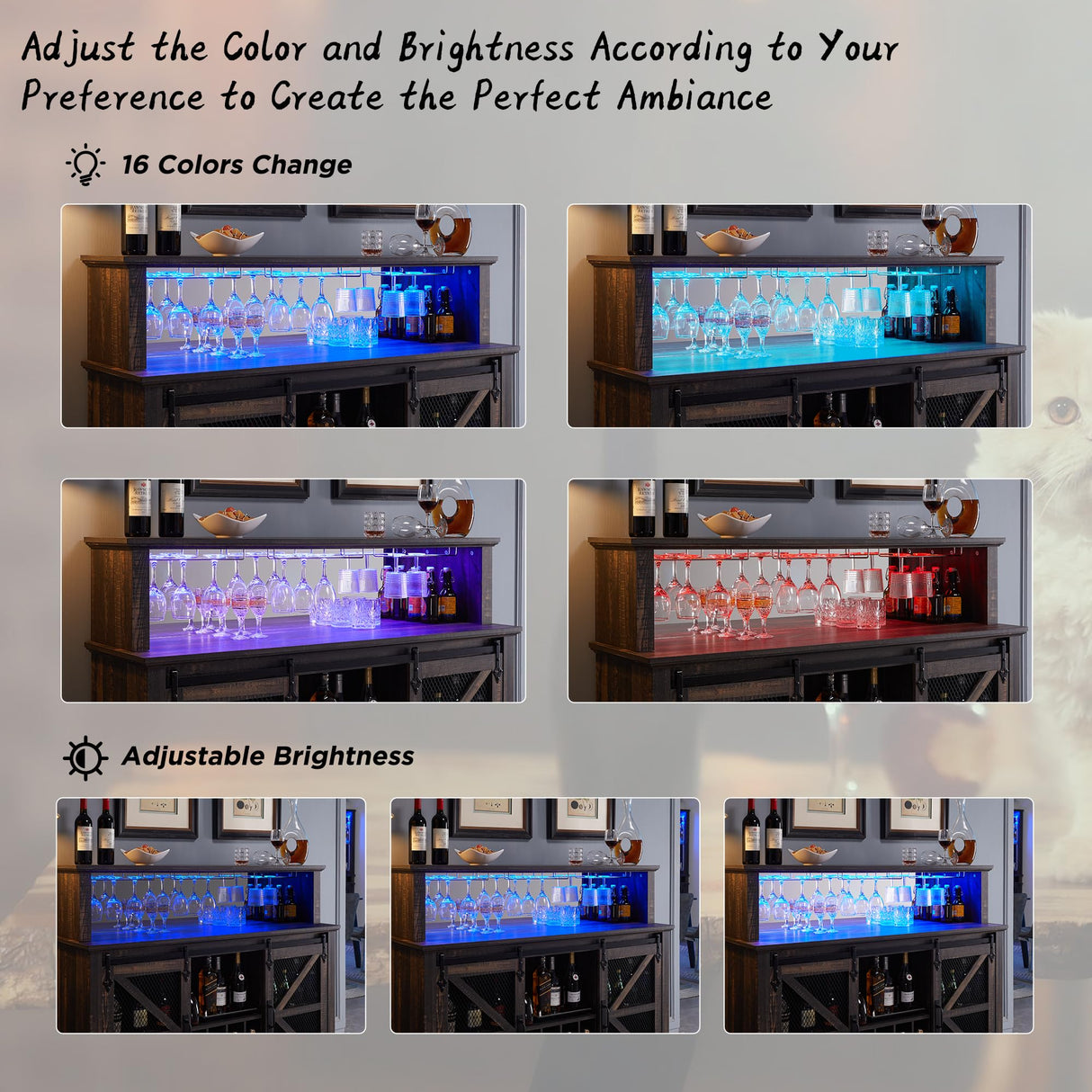 OKD Farmhouse Coffee Bar Cabinet with LED Lights, 55" Sideboard Buffet Table w/Sliding Barn Door & Wine and Glass Rack, Home Liquor Bar w/Storage Shelves for Dining Room,Dark Rustic Oak OKD