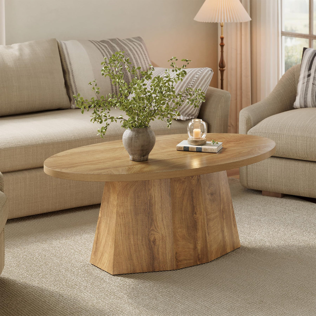 Oval Coffee Table, 47-Inch Living Room Table with Polygonal Pedestal, Modern Center Accent Furniture, Child-Friendly, Easy to Assembly, Yellowish Brown LITTLE TREE