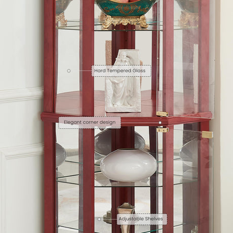 Eyisean Lighted Corner Curio Cabinet with Tempered Glass Doors and Shelves, 72" H Glass Display Cabinet with Curved Top Carving, Light Bulb Included, Rack for Liquor Storage and Living Room (Cherry) Eyisean