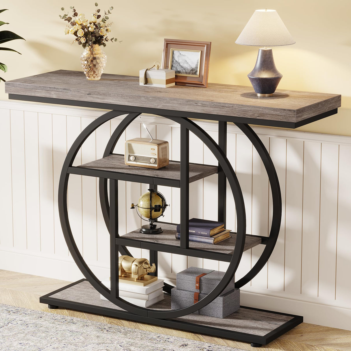 Tribesigns 41.3" Console Table, Industrial 4-Tier Sofa Table Entryway Table with Circle Base, Narrow Wood Accent Tables with Storage Shelves for Living Room, Hallway, Foyer, Gray Tribesigns
