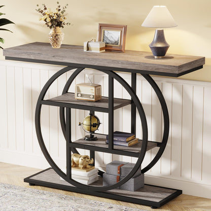 Tribesigns 41.3" Console Table, Industrial 4-Tier Sofa Table Entryway Table with Circle Base, Narrow Wood Accent Tables with Storage Shelves for Living Room, Hallway, Foyer, Gray - WoodArtSupply