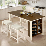 AMERLIFE 5-Piece Solid Wood Counter Height Kitchen Island Table Set with Storage, Farmhouse Dining Table & Upholstered Stools, Rustic Brown & White AMERLIFE