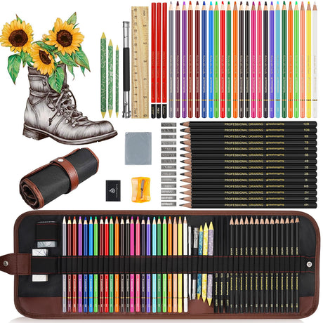 Sketching Drawing Art Pencil Kit-50 Piece Set with 24 Color Pencils for Adult Kid Coloring Books, 14 Graphite 3 Charcoal Erasers Etc., Artist Supplies Ideal for Adult, Kid,Student, Beginner Heshengping