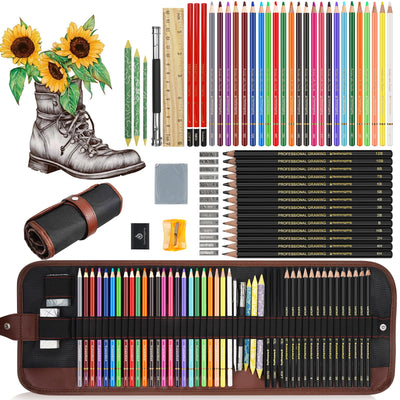 Sketching Drawing Art Pencil Kit-50 Piece Set with 24 Color Pencils for Adult Kid Coloring Books, 14 Graphite 3 Charcoal Erasers Etc., Artist Supplies Ideal for Adult, Kid,Student, Beginner
