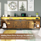 AMERLIFE Twin Daybed with Trundle, Farmhouse Daybed Frame with Sliding Barn Door Headboard and Charging Station & LED Light for Bedroom and Guest Room, Rustic Brown AMERLIFE