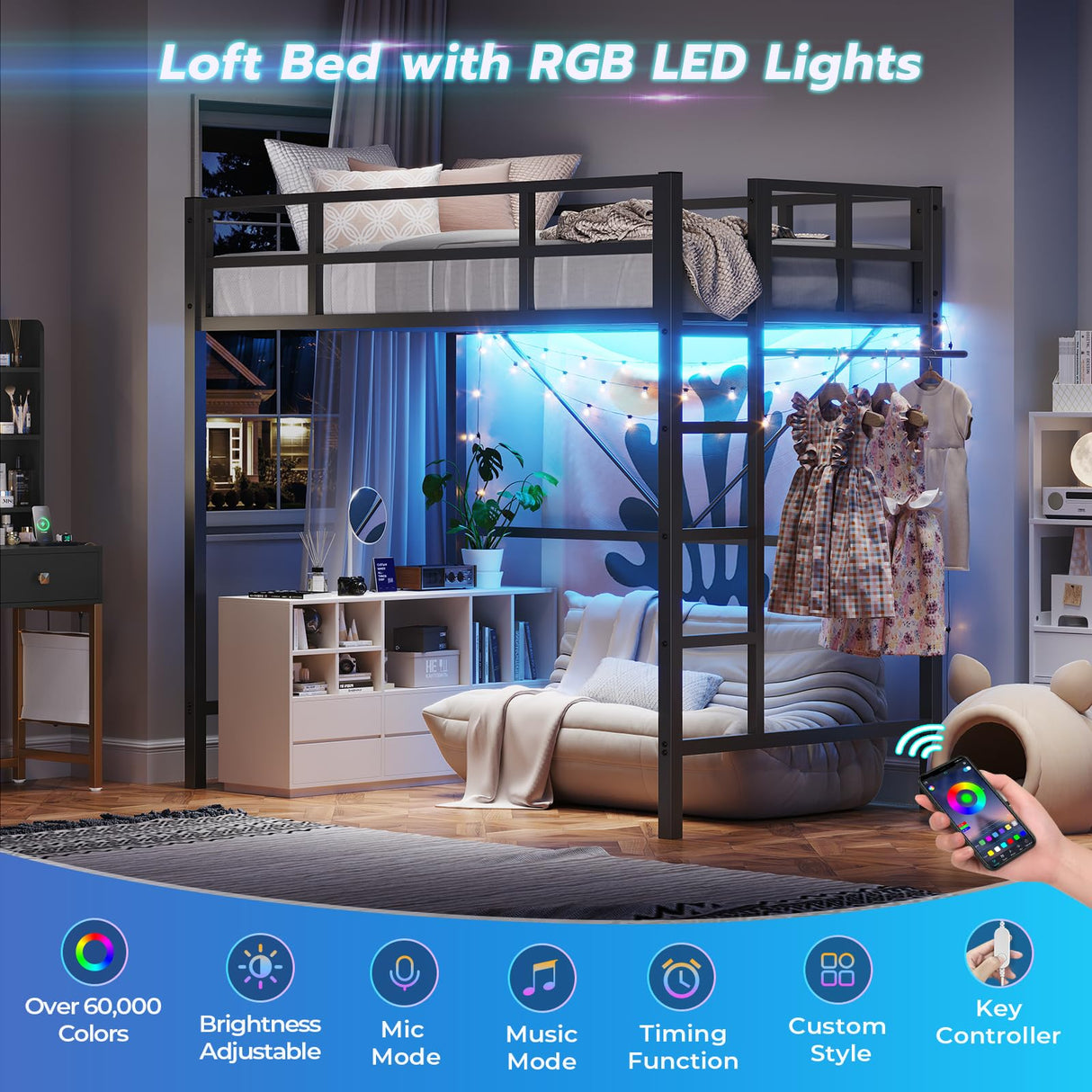 DICTAC Loft Bed Twin Size with Led Lights Metal Twin Loft Bed with Full-Length Guardrail and Ladder for Junior, Heavy Duty Metal Sltas Support,Noise-Free, Space-Saving, No Box Spring Needed, Black DICTAC