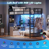 DICTAC Loft Bed Twin Size with Led Lights Metal Twin Loft Bed with Full-Length Guardrail and Ladder for Junior, Heavy Duty Metal Sltas Support,Noise-Free, Space-Saving, No Box Spring Needed, Black DICTAC