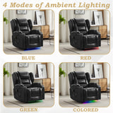 DRMBOOK Leather Rocker Recliner Chairs for Adults, 360° Swivel Rocking Theater Seating with Heat and Massage, Oversized Single Sofa with Led Lights for Living Room (Black,Single Chair) DRMBOOK