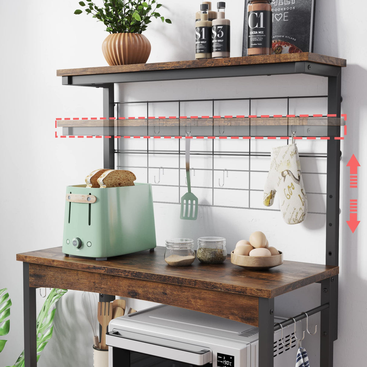 Bestier Bakers Racks with Storage Cabinet, Height-Adjustable 45" to 55" Microwave Stand for Kitchen with Wheels & Feet, Industrial Rolling Coffee Bar Shelf with 10 S-Hooks Rustic Brown Bestier