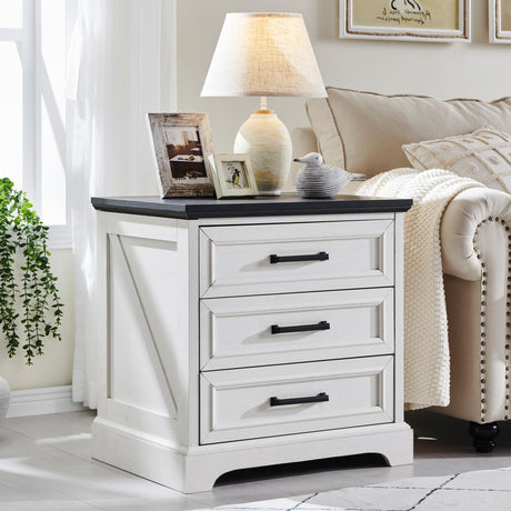 ACCOHOHO Farmhouse Nightstand with Charging Station, 24 Inch Wide End Table with 3 Large Drawers & Bar Handles, Rustic Wood Small Dresser Chest of Drawers for Bedroom, Living Room, Closet, Off White ACCOHOHO