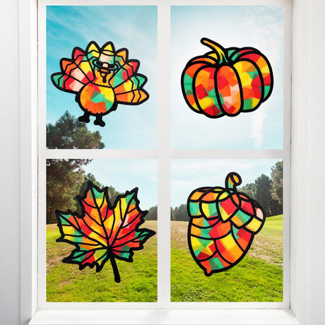 Tinlade 24 Pack Fall DIY Suncatcher Paper Crafts Stained Glass Effect Paper Suncatchers, 600 Tissue Papers, Window Art Arts and Crafts for Thanksgiving Halloween Party Favors Tinlade