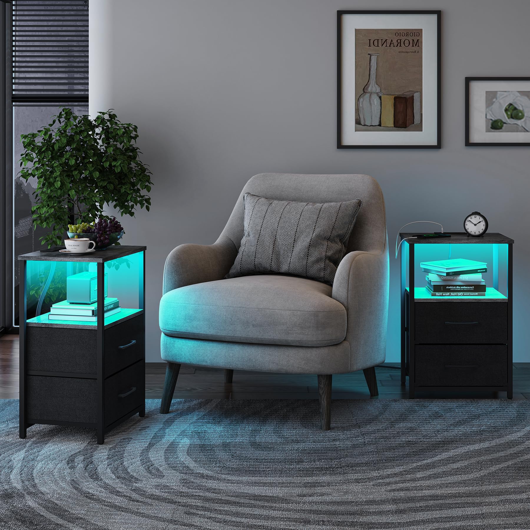 TUTOTAK LED End Table with Charging Station, Nightstand with Cloth Drawer, Side Table with 1 USB Port and 1 Type-C port, set of 2, Couch Table, Charcoal Grey TB01BY052L - WoodArtSupply