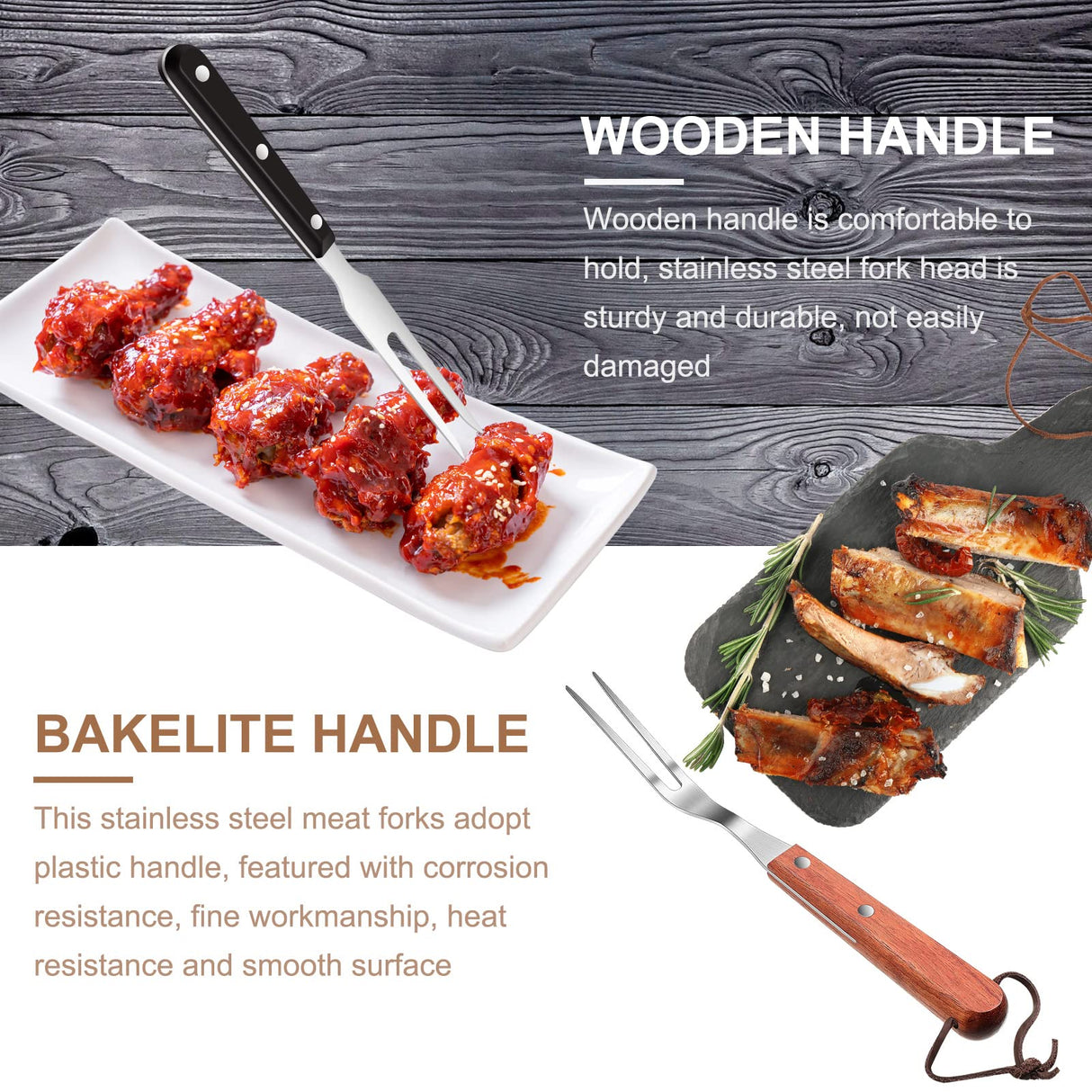 2 Pieces Meat Fork Stainless Steel Carving Fork with Wood Handle Cooking Fork BBQ Fork Grill Fork Steak Fork for Kitchen Barbecue Serving Cooking Grilling Roasting 10.5 Inches, Round Handle CHENGU