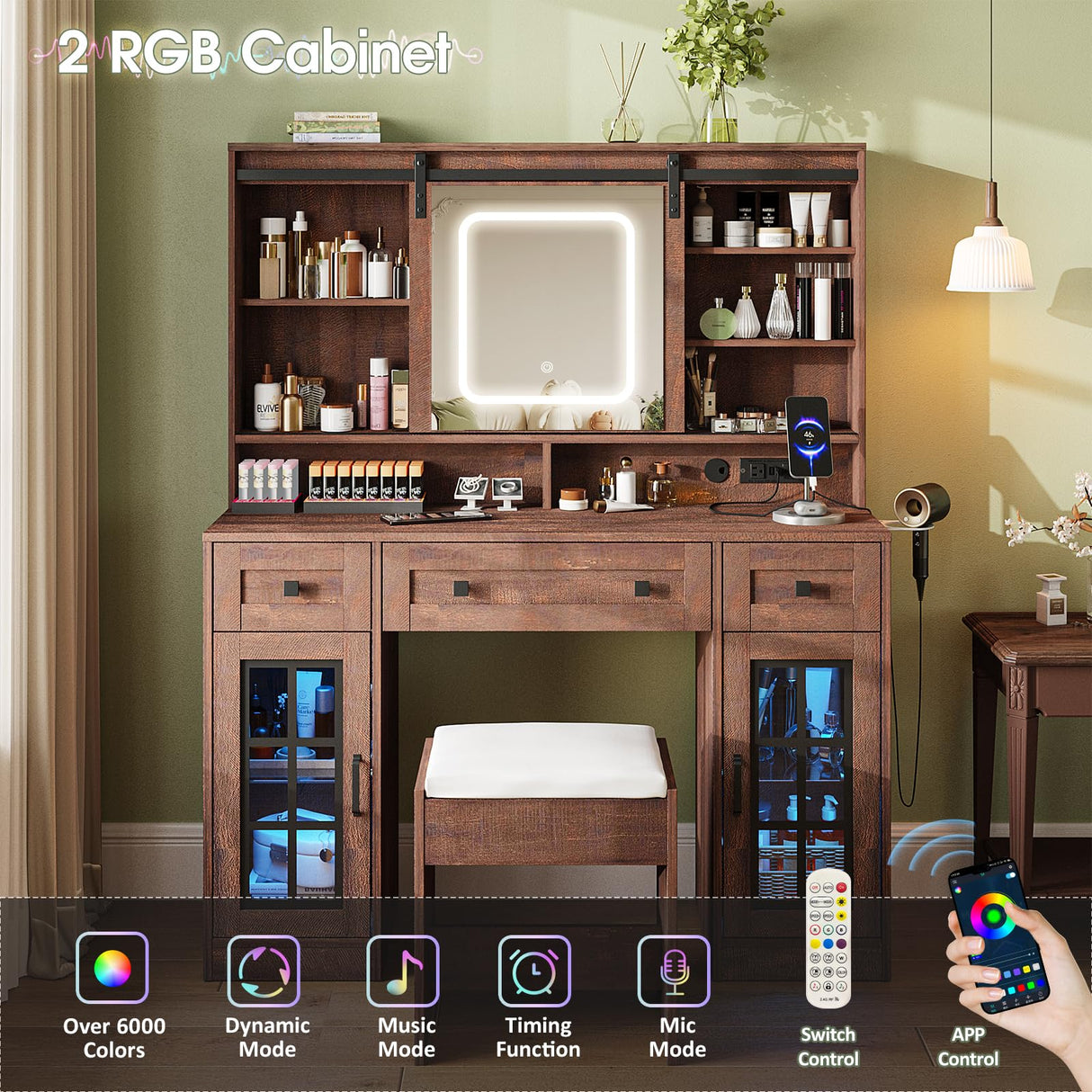 Maupvit Farmhouse Makeup Vanity Desk with Sliding Mirror, 45.5" Vanity Set with 3 Drawers & 2 RGB LED Cabinets & Charging Station, Ample Storage, Stool Included, Brown Maupvit