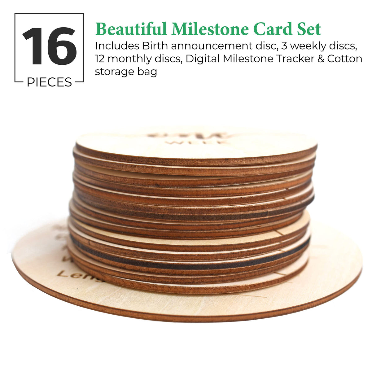DECLAN & DELANEY Monthly Baby Milestone Cards | 16 Wooden Milestone Discs, Includes Boy/Girl Birth Announcement Sign | Baby Monthly Milestone Props Declan & Delaney