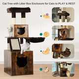 YITAHOME Cat Tree with Litter Box Enclosure, Hidden Cat Litter Box Furniture with Sisal Scratching Post, Wooden Cat House with Basket, Brown YITAHOME