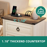 YITAHOME Farmhouse 3-Drawer Nightstand with Built-in USB Charging Ports, Open Shelf Storage Cabinet End Table for Sofa & Bed, Off-White & Walnut Grain Finish YITAHOME