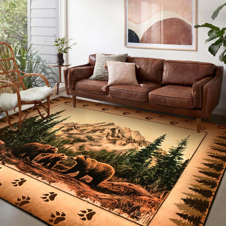 FRAMICS Rustic Cabin Area Rug 5x7, Farmhouse Lodge Bear Moose Deer Rug Washable Non Slip,Country Wildlife Area Rugs for Living Room Bedroom, Soft Faux Wool Throw Rugs Carpet Low Pile, Vintage Decor FRAMICS