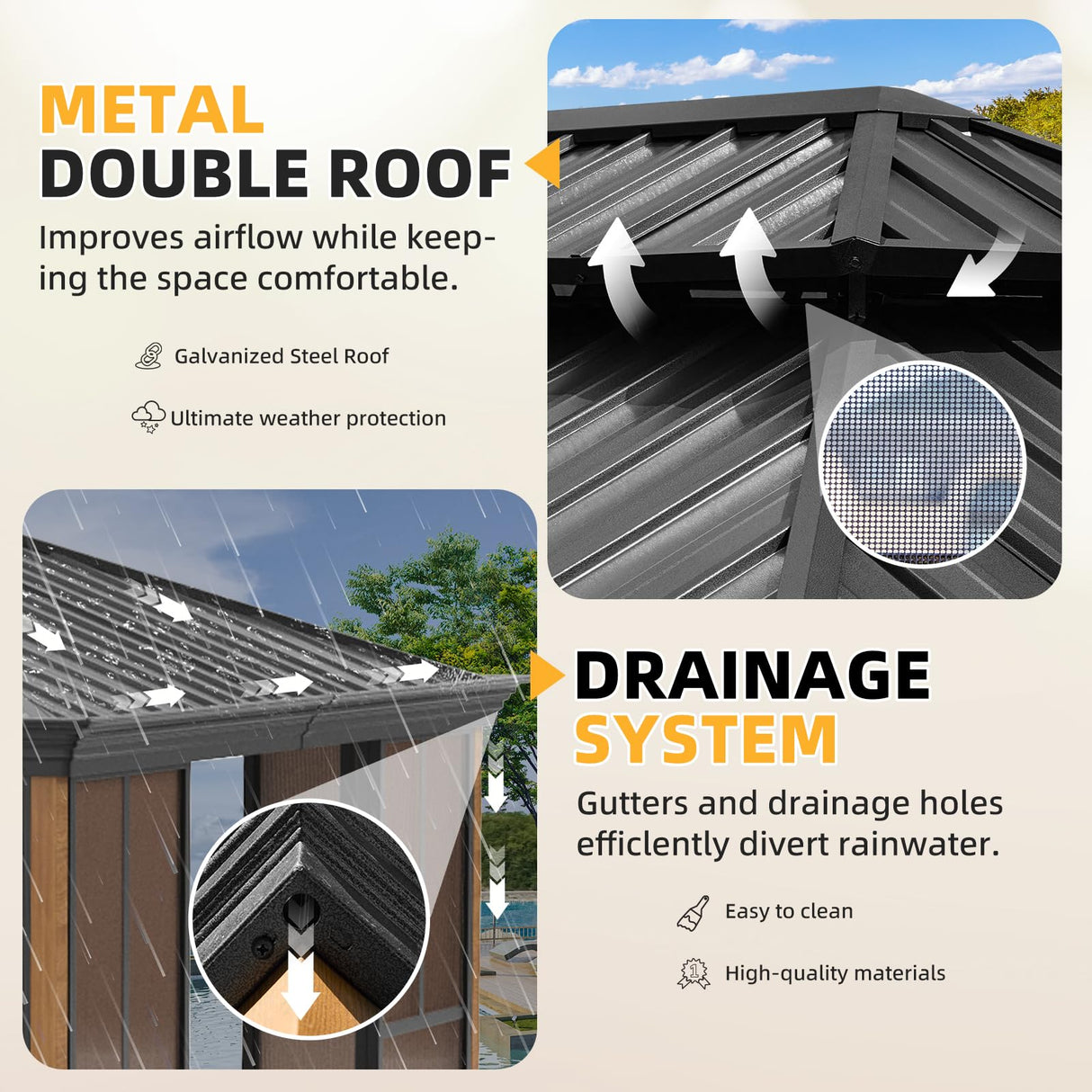 EROMMY 12'*16' Sunroom, with Front Door, Side Entrance, Galvanized Steel Double Top, Wood Grain Appearance, Aluminum Alloy Frame, Solarium Backyard Sun Room EROMMY