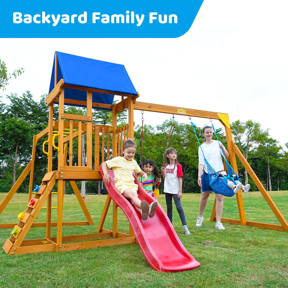 Suniboxi Swing-Sets with Monkey Bars for Backyard, Wooden Playground Set for Kids Ages 3-6, Outdoor Playset with Wave Slide, Play Deck, Rock Wall Ladder, Belt Swings & Canopy for Toddlers to Big Kids SuniBoxi