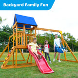 Suniboxi Swing-Sets with Monkey Bars for Backyard, Wooden Playground Set for Kids Ages 3-6, Outdoor Playset with Wave Slide, Play Deck, Rock Wall Ladder, Belt Swings & Canopy for Toddlers to Big Kids SuniBoxi