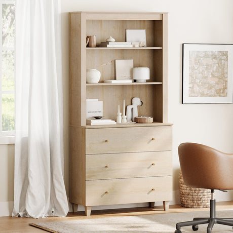 WAMPAT 71" Tall Bookcase with 3 Drawers & Open Shelves, Modern 3-Tier Bookshelf with Adjustable Shelf, Floor Standing Wooden Display Book Shelf for Home Office, Living Room, Bedroom, Light Oak WAMPAT