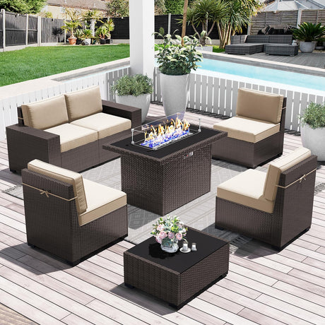 LayinSun 7 Pieces Outdoor Patio Furniture Set with 44" Fire Pit Table Brown Rattan Sectional Sofa Conversation Sets LayinSun