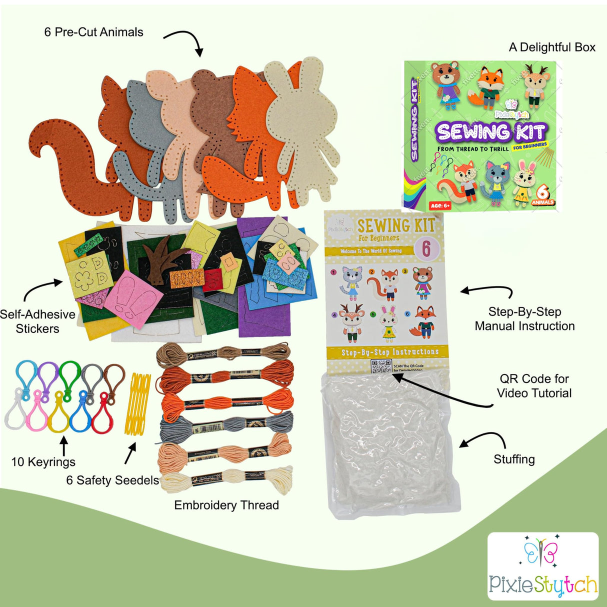 Beginner Sewing Kit for Kids - Sew & Create 6 Adorable Stuffed Animal Projects - Fun DIY Craft Set for Ages 6 and up - Educational & Creative Sewing Kit for Girls & Boys - Gift for Young Crafters Pixiestytch