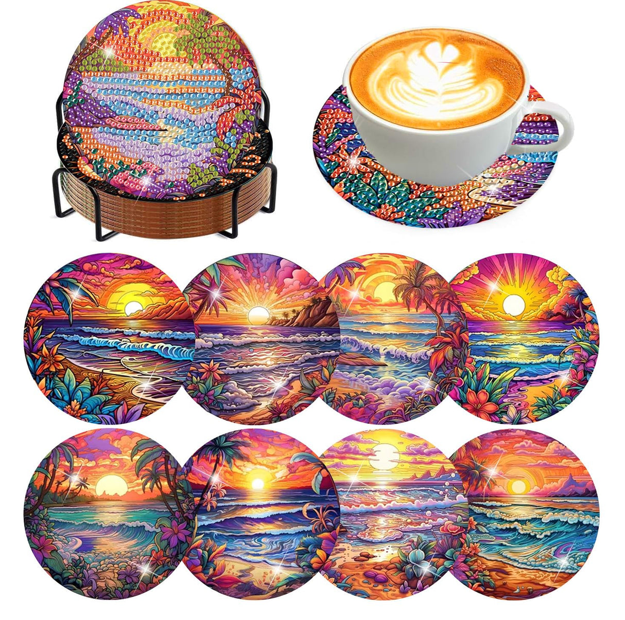 Meothan 8 Pcs Diamond Art Coasters kit with Holder Cork Pads, Diamond Dot Art Painting Coasters Kit for Adults (Sunset Beach) Meothan