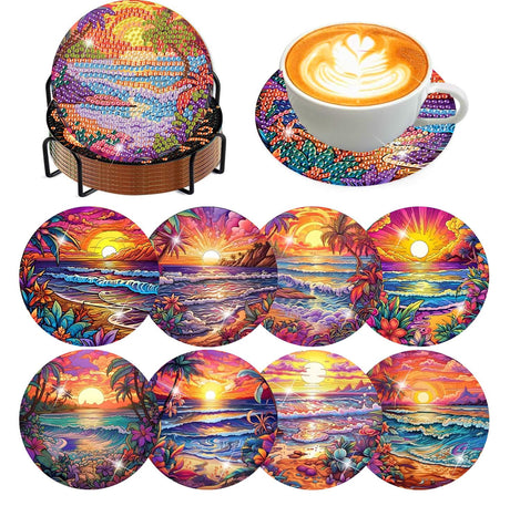 Meothan 8 Pcs Diamond Art Coasters kit with Holder Cork Pads, Diamond Dot Art Painting Coasters Kit for Adults (Sunset Beach) Meothan